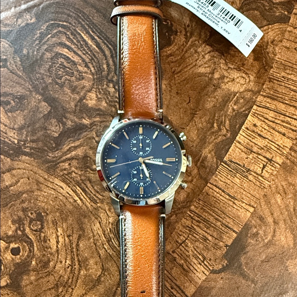 Fossil Tan Leather Strap Watch with Blue Dial